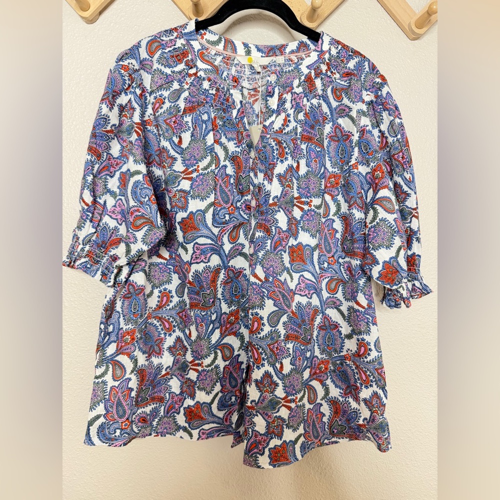 NWT Boden Ivory, Paisley Bud Smocked Short Sleeve Blouse Sz 14 - Picture 2 of 10